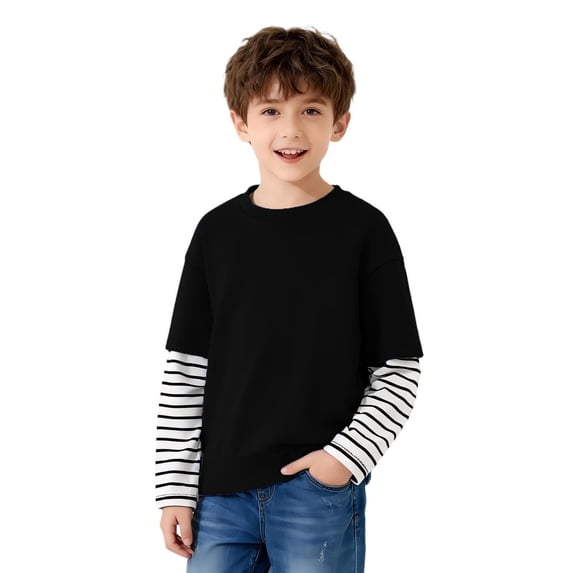 Zpanxa Boys Black White Stripe Faux Two Piece Long Sleeve T Shirt Casual Loose Fit Graphic Top Toddler
