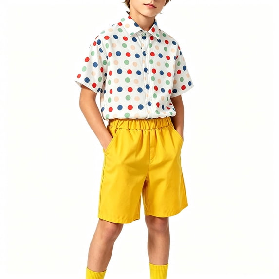 Zpanxa Boys Colorful 2 Piece Outfit Set Polka Dot Short Sleeve Button Down Shirt and Bright Shorts Kids Summer Party Clothing