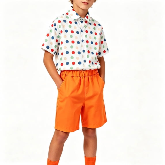 Zpanxa Boys Colorful 2 Piece Outfit Set Polka Dot Short Sleeve Button Down Shirt and Bright Shorts Kids Summer Party Clothing