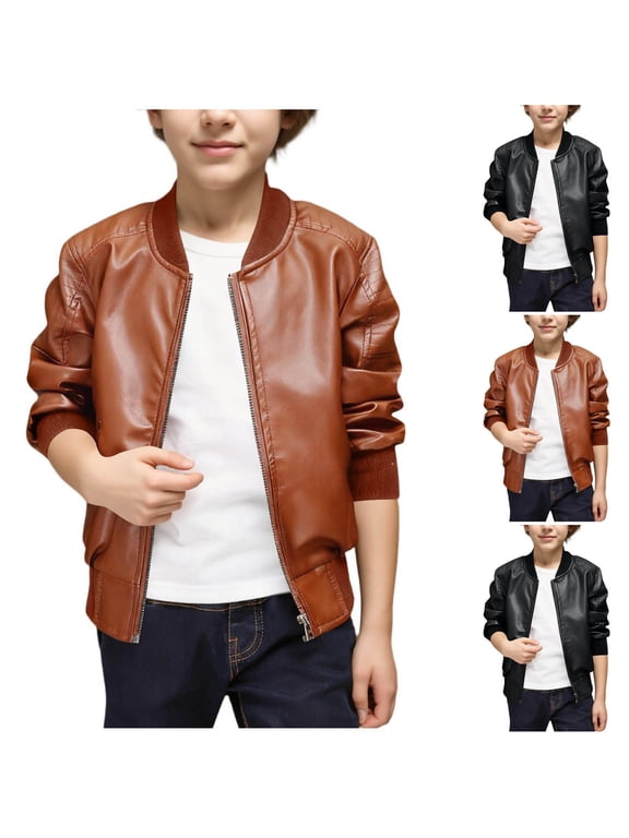 Boys Leather Jacket Kids Baseball Collar PU Leather Bomber Jacket Boys Spring Fall Casual Light Motorcycle Coat