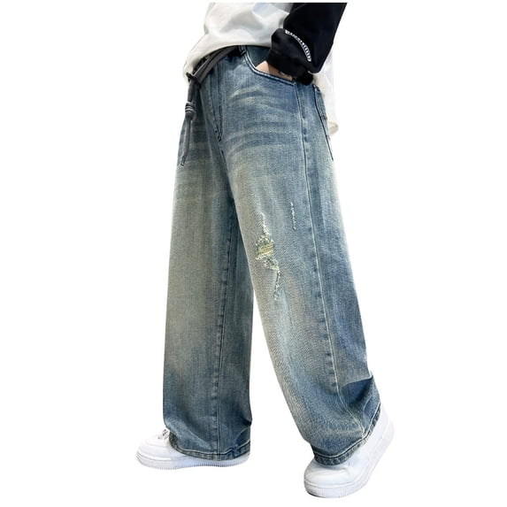 Zpanxa Boys Light Wash Distressed Wide Leg Jeans Ripped Casual Denim Pants Kids Fashion Jeans for Boys