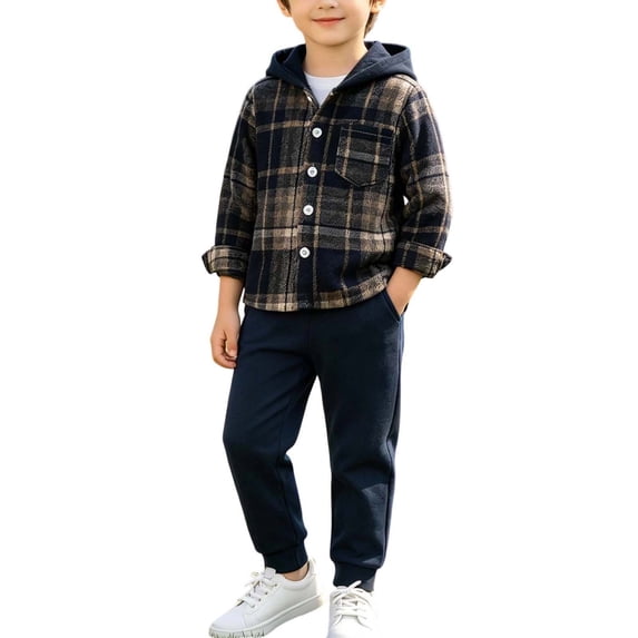 Zpanxa Boys Outfits Boys Brown Plaid Hooded Button Down Shirt and Khaki Pants Set 2 Piece Casual Outfit