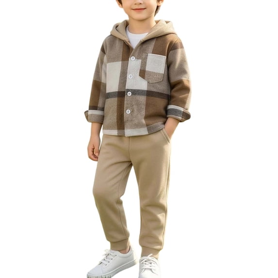 Zpanxa Boys Outfits Boys Brown Plaid Hooded Button Down Shirt and Khaki Pants Set 2 Piece Casual Outfit