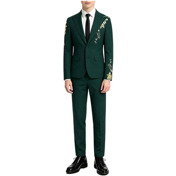 Zpanxa Boys Outfits Boys Dark Green Blazer and Pants Suit Set Gold Embroidery 2 Piece Formal Outfit