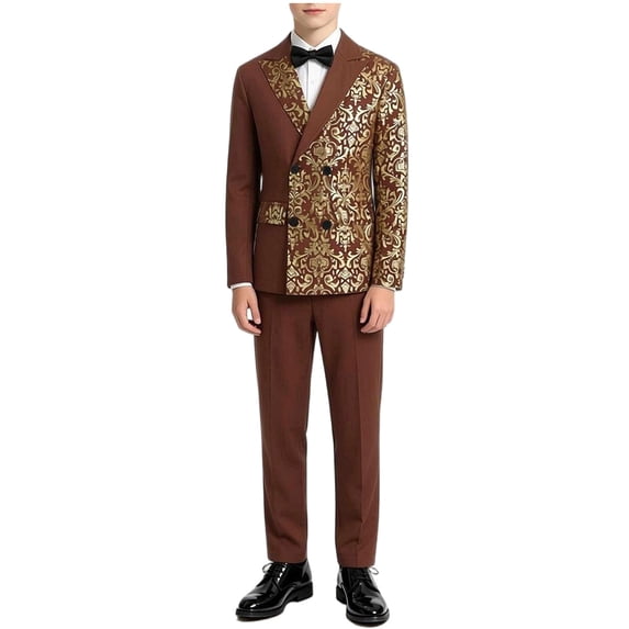 Zpanxa Boys Outfits Boys Dark Green Blazer and Pants Suit Set Gold Embroidery 2 Piece Formal Outfit