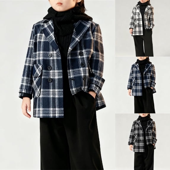 Zpanxa Boys Overcoat Jackets Kids Blue White Plaid Double Breasted Short Wool Blazer Jacket Boys Spring Fall Casual Coat