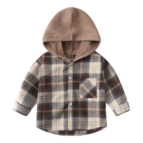 Zpanxa Boys Plaid Flannel Hooded Button-Up Shirt Casual Long Sleeve for Autumn School Wear Coffee 3 Years