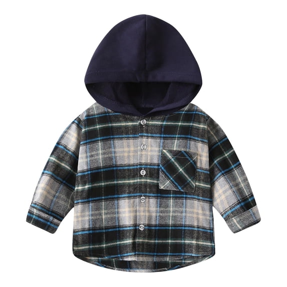 Zpanxa Boys Plaid Flannel Hooded Button-Up Shirt Casual Long Sleeve for Autumn School Wear Navy 8 Years