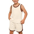 thumbnail image 1 of Zpanxa Boys Summer Outfits Kids Summer Solid Color Round Neck Sleeveless Top and Shorts Two Piece Outfit Beige 1 Years, 1 of 8