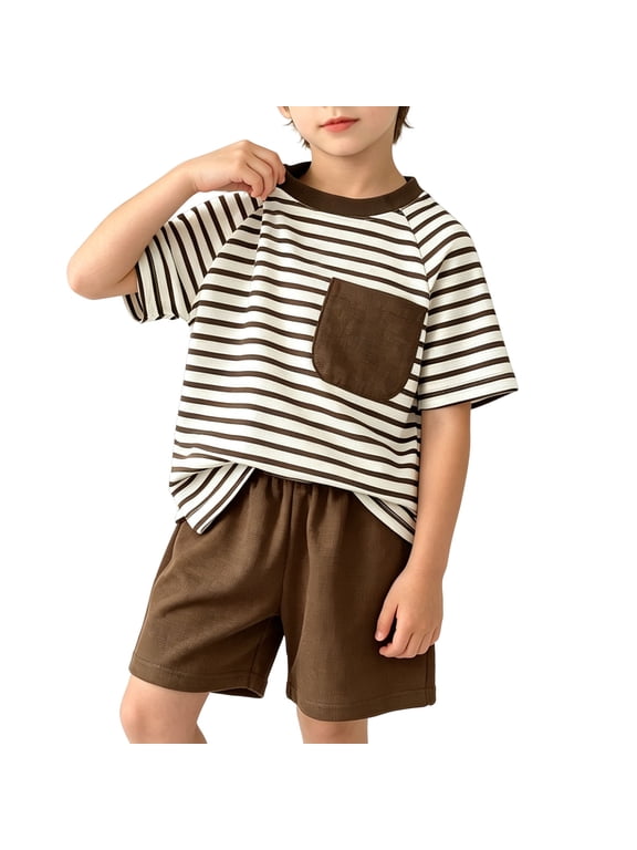 Boys Summer Outfits Toddler Boy Two Piece Outfit Striped Knit Short Sleeve Top Solid Shorts Outfit Set Coffee 3 Years