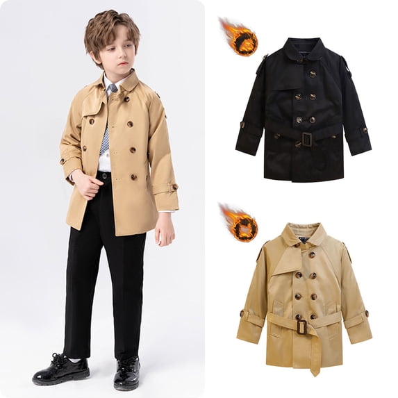 Zpanxa Boys Winter Coats Kids Double Breasted Belted Mid-Length Trench Coat Boys Lapel Windproof British Style Jacket