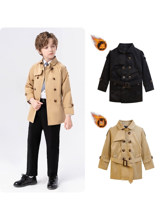 Boys Winter Coats Kids Double Breasted Belted Mid-Length Trench Coat Boys Lapel Windproof British Style Jacket