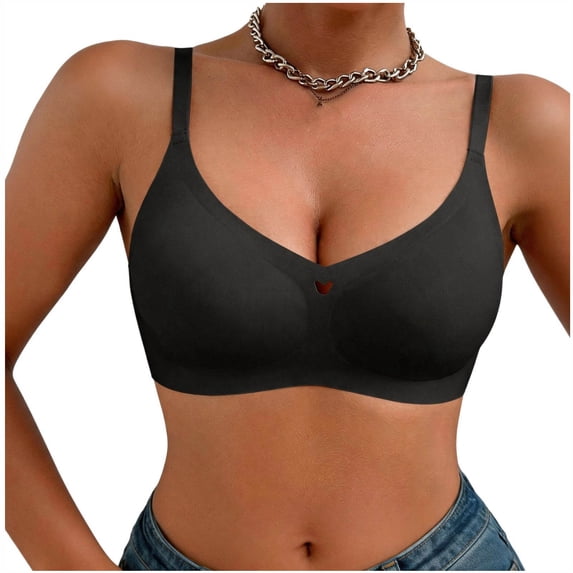 Zpanxa Bras for Women No Underwire Solid Seamless Wireless Bra V-Neck Adjustable Thin Straps Scalloped Hem Center Heart Detail Pullover Style