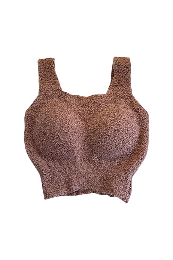 Bras for Women Thermal Fleece Sports Bra with Built-in Pads, Longline Warm Bralette, Cozy Plush Square Neck Crop Top for Winter Home