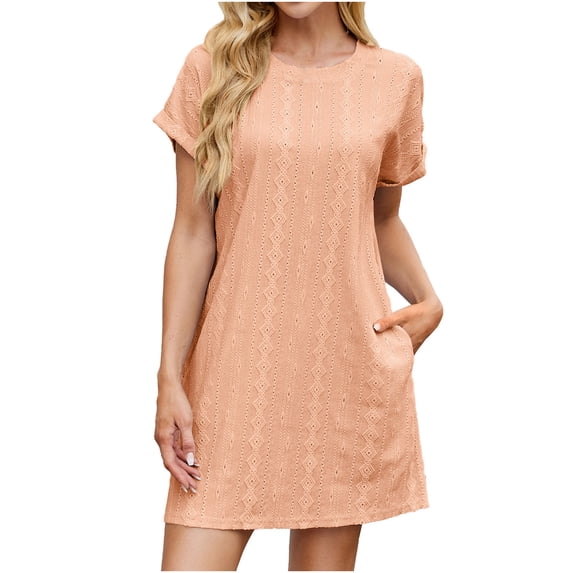 Zpanxa Breathable Plus Size Day Dress Women Solid Color Short Sleeve Round Neck Jacquard Knee Length Office to Weekend Dress
