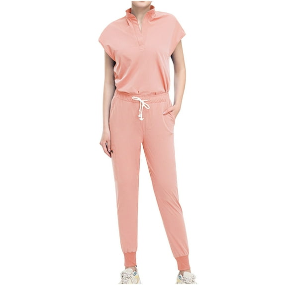 Zpanxa Business Casual Outfits for Women, Two Piece Sets for Women Summer Solid Color V-Neck Button Short Sleeve Pocket Long Work Pants, Fashion Dressy Work Suit, Womens 2 Piece Outfits Pink XL