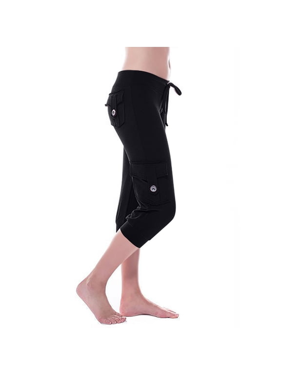Capri Pants for Women Workout Out Leggings Stretch Waist Button Pocket Yoga Gym Cropped Trousers Black XXL
