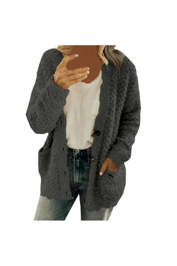 Cardigan Sweaters for Women Casual Plus Size Plush Sweater Pockets Outerwear Buttons Coat Dark Gray 5XL