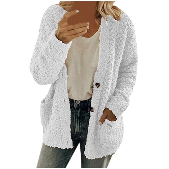 Zpanxa Cardigan Sweaters for Women Casual Plus Size Plush Sweater Pockets Outerwear Buttons Coat White 5XL