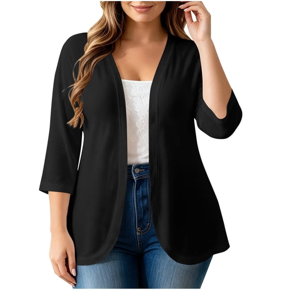 Zpanxa Cardigan for Women Plus Size Solid Color Three-Quarter Sleeve Cardigan, Open Front 3XL