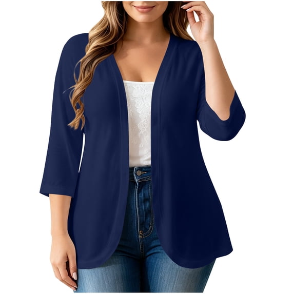 Zpanxa Cardigan for Women Plus Size Solid Color Three-Quarter Sleeve Cardigan, Open Front 4XL