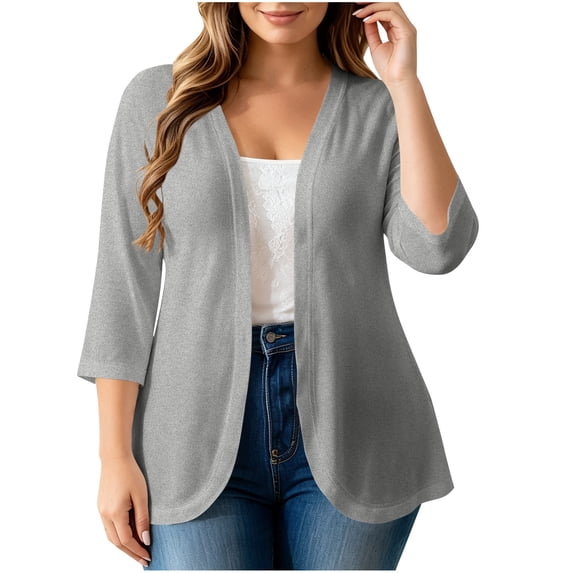 Zpanxa Cardigan for Women Plus Size Solid Color Three-Quarter Sleeve Cardigan, Open Front 4XL