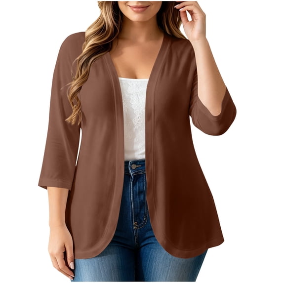 Zpanxa Cardigan for Women Plus Size Solid Color Three-Quarter Sleeve Cardigan, Open Front 5XL