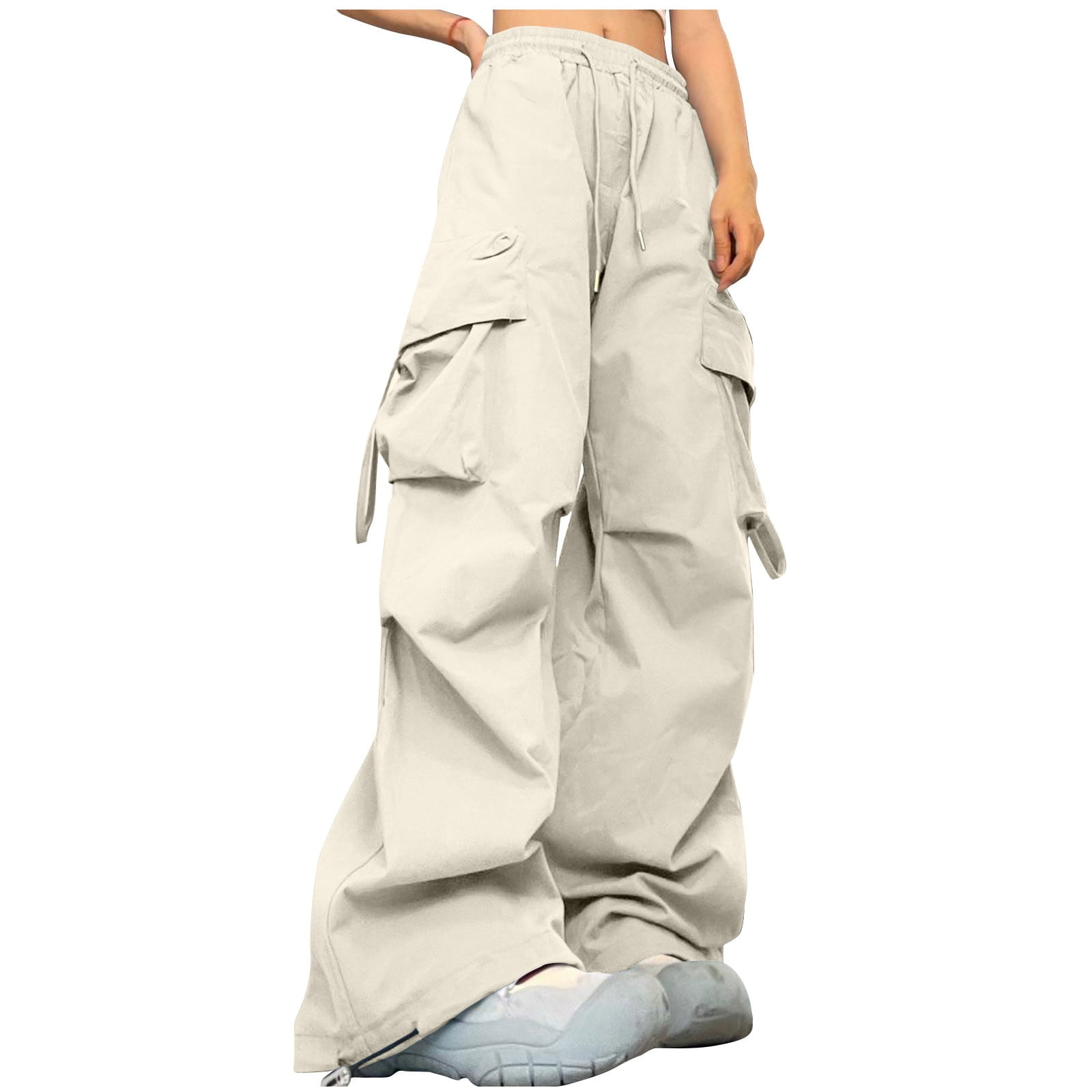 Zpanxa Cargo Pants Women High Waisted Drawstring Solid Color