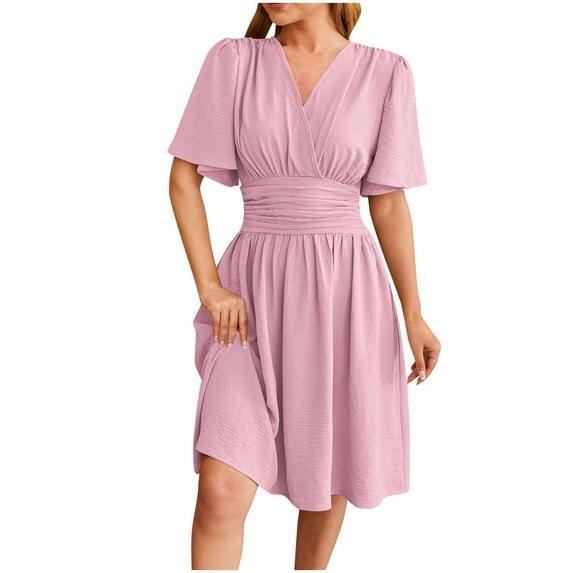 Zpanxa Casual Bell Sleeve V Neck Dress Women's Solid Color Belted Flowy Midi Dress for Spring