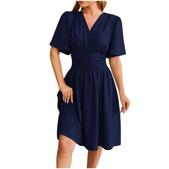 Zpanxa Casual Bell Sleeve V Neck Dress Women's Solid Color Belted Flowy Midi Dress for Spring