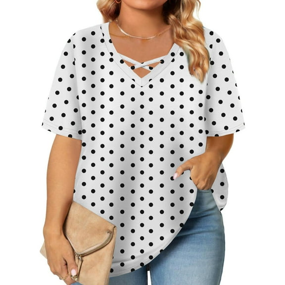 Zpanxa Casual Dressy T Shirts for Women Plus Size Tops Tunic Short Sleeve Cross Neck Shirts Casual Spot Printed Soft Flowy Blouse