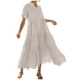thumbnail image 1 of Zpanxa Casual Short Sleeve Dress for Women Solid Color V Neck with Button Front Ruching Full Flowy Skirt, 1 of 2