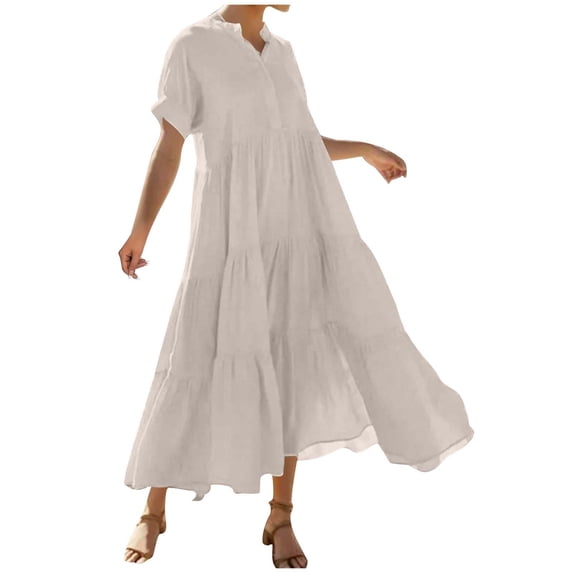 Zpanxa Casual Short Sleeve Dress for Women Solid Color V Neck with Button Front Ruching Full Flowy Skirt