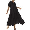 thumbnail image 1 of Zpanxa Casual Short Sleeve Dress for Women Solid Color V Neck with Button Front Ruching Full Flowy Skirt, 1 of 7