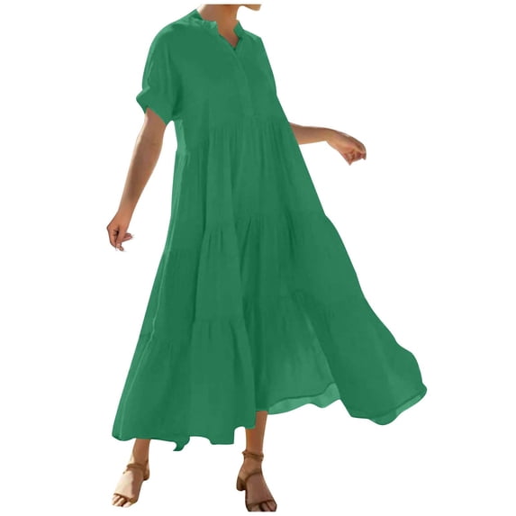 Zpanxa Casual Short Sleeve Dress for Women Solid Color V Neck with Button Front Ruching Full Flowy Skirt