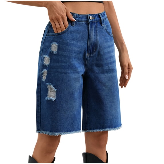 Zpanxa Casual Summer Denim Shorts for Women High Waisted Distressed Frayed Hem Fringe Straight Leg Five Inch Inseam Jeans with Pockets