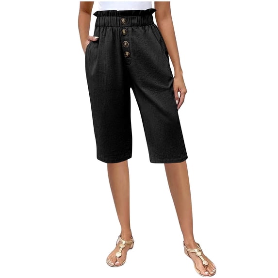 Zpanxa Casual Summer Faux Linen Shorts for Women High Waisted Solid Color Elastic Waist Button Closure Five Inch Inseam Relaxed Fit Pants with Pockets