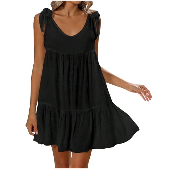 Zpanxa Casual V Neck Sleeveless Dress for Women Solid Color Loose Fit Knee Length Dress with Thin Straps Easy Summer Dress