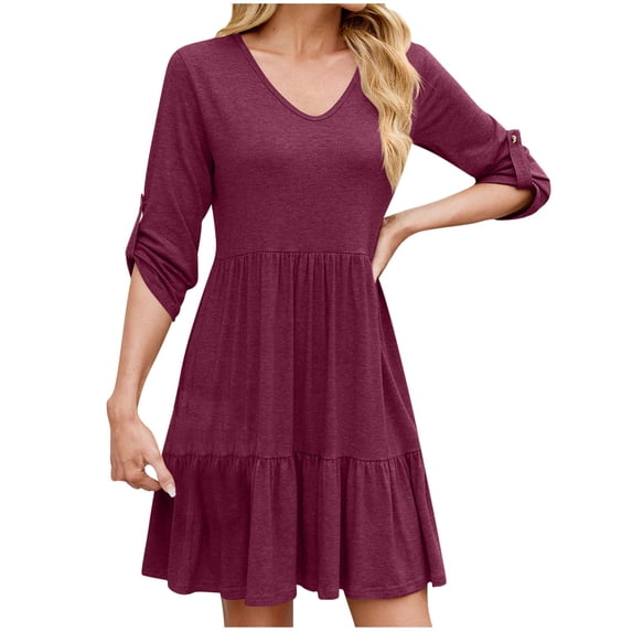 Zpanxa Casual V Neck Two Piece Set for Women Solid Color Three Quarter Sleeve Dress with Ruffle Trim