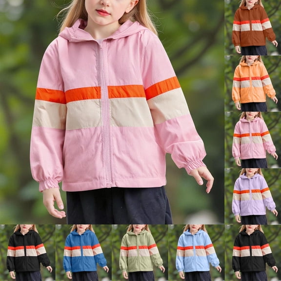 Zpanxa Childrens Color Block Windbreaker 2-10 Years Hooded Lightweight Jacket Round Neck Raincoat Spring Fall Outerwear with Pockets