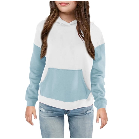 Zpanxa Color Block Hooded Sweatshirt, Boys Girls Soft Fleece Pullover with Front Pocket, Long Sleeve Athletic Casual Top for Kids 4-14 Years