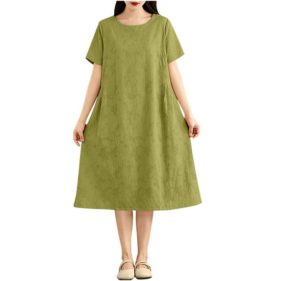 Zpanxa Comfortable Loose Summer Dress Women Short Sleeve Round Neck Casual Dress Breathable Linen Blend Fabric with Jacquard Detail for Daily Wear