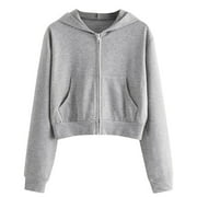 Zpanxa Cropped Sweatshirts for Women Casual Solid Long Sleeve Zipper Pocket Hoodies Cute Hooded Sweatshirt Tops Gray S