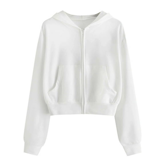 Zpanxa Cropped Sweatshirts for Women Casual Solid Long Sleeve Zipper Pocket Hoodies Cute Hooded Sweatshirt Tops White XL
