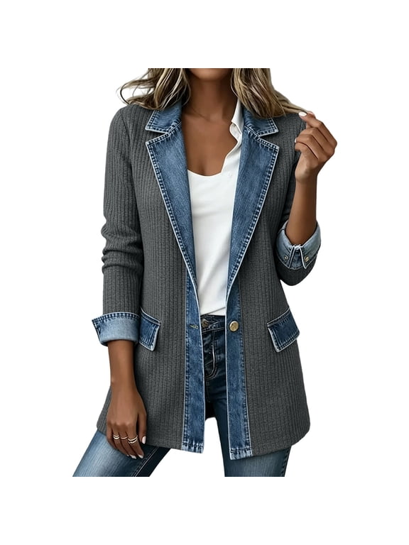 Denim Jacket for Women Denim Patchwork Knit Blazer Notched Lapel One Button Long Sleeve Loose Casual Lightweight Jacket with Pockets