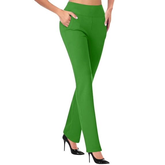 Zpanxa Dress Pants Women High Waist Work Pants with Pockets Business Casual Solid Color Long Straight Suit Pants Slim Flare Trousers Green A L