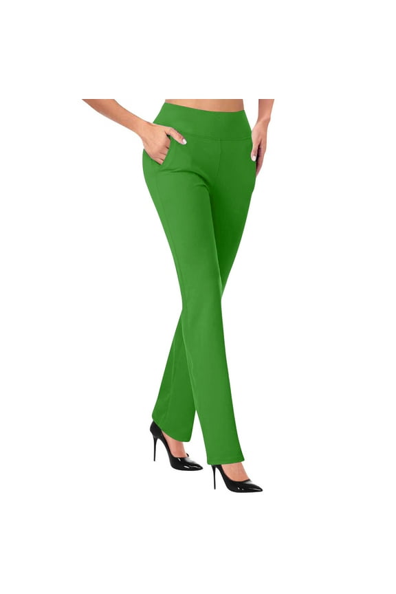 Dress Pants Women High Waist Work Pants with Pockets Business Casual Solid Color Long Straight Suit Pants Slim Flare Trousers Green A L