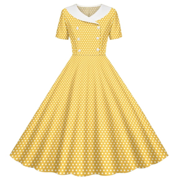 Zpanxa Dresses for Girls, Girls Short Sleeve Stretchy Dress A Line Twirly Skater School Recital Dress Short Sleeve Turndown Neck Dress Yellow 12 Years