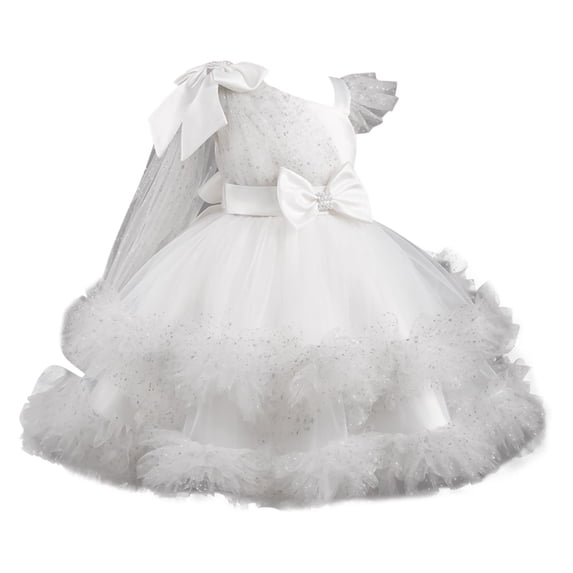 Zpanxa Dresses for Girls, Girl' Summer Short Sleeve Ruffled Lace Round-Neck Embroidery Mesh Princess Bow Skirt White 1 Years