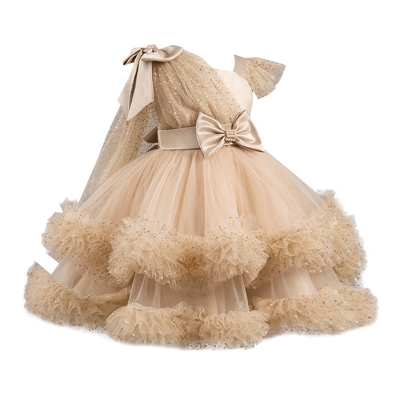 Zpanxa Dresses for Girls, Girl' Summer Short Sleeve Ruffleded Lace Round-Neck Embroidery Mesh Princess Bow Skirt Yellow 2 Years